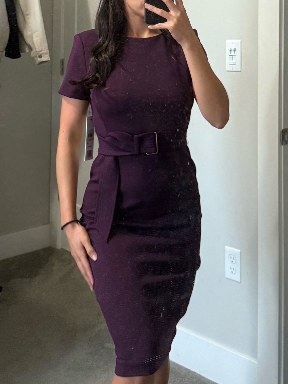 Calvin Klein Short-Sleeve Belted Midi Dress in Plum